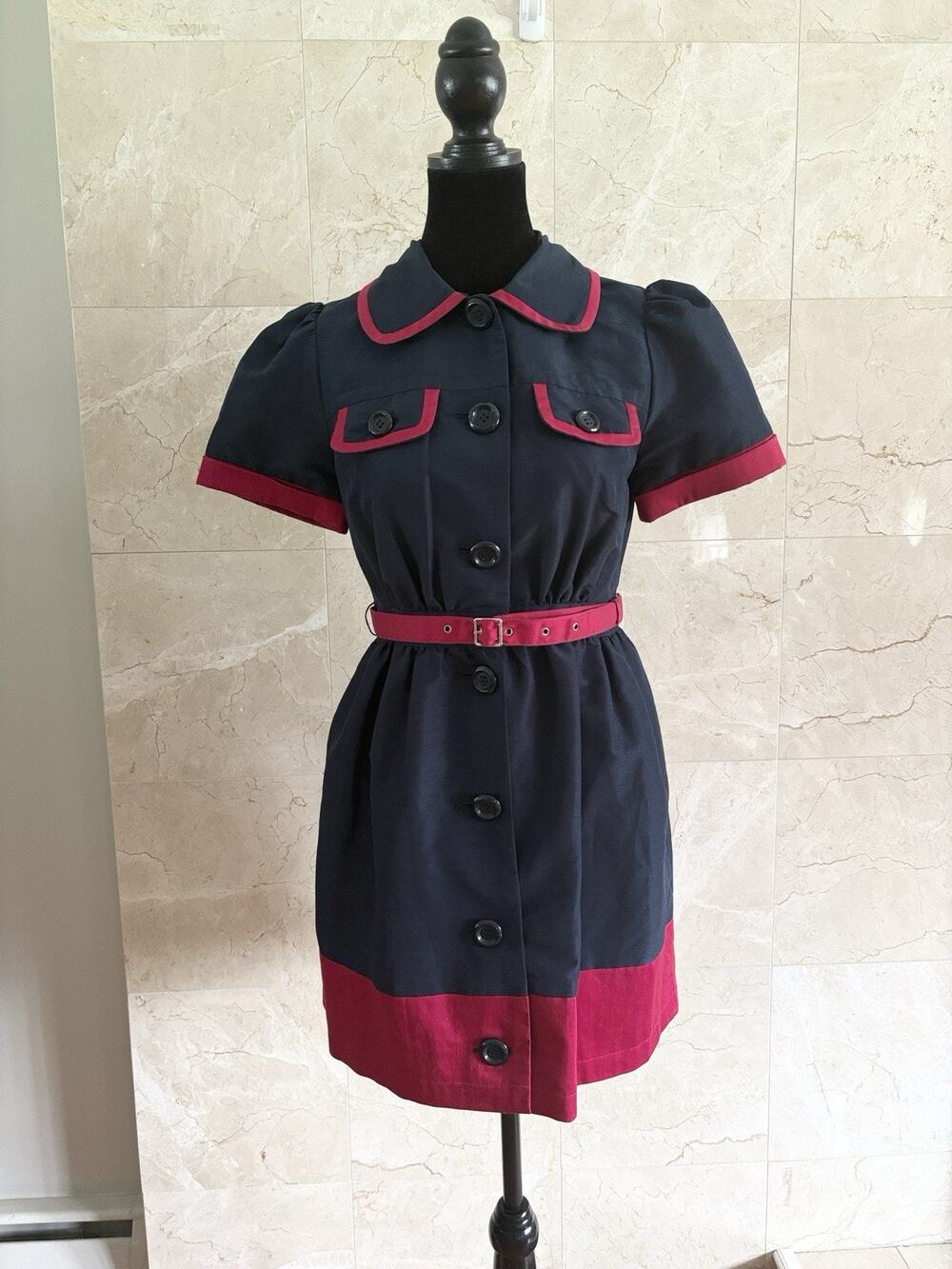 Retro Fit & Flare Belted Mini Dress — S Navy Cranberry Peter Pan Collar Mod 60s